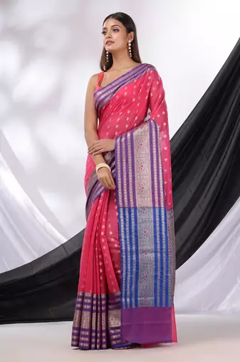 Hot Pink Cotton Blend Handwoven Saree With Texture Designs