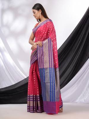 Hot Pink Cotton Blend Handwoven Saree With Texture Designs 3