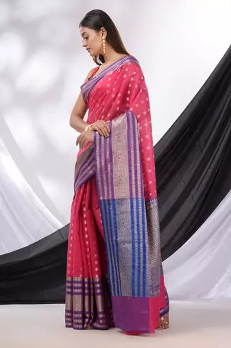 Hot Pink Cotton Blend Handwoven Saree With Texture Designs