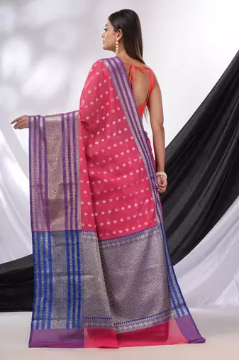 Hot Pink Cotton Blend Handwoven Saree With Texture Designs