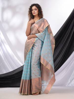 Sky Blue Cotton Blend Handwoven Saree With Woven Zari Border 1