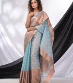Sky Blue Cotton Blend Handwoven Saree With Woven Zari Border