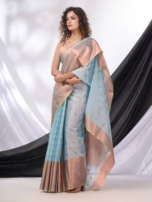 Sky Blue Cotton Blend Handwoven Saree With Woven Zari Border 2