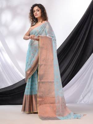 Sky Blue Cotton Blend Handwoven Saree With Woven Zari Border 3