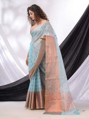 Sky Blue Cotton Blend Handwoven Saree With Woven Zari Border 4