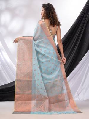 Sky Blue Cotton Blend Handwoven Saree With Woven Zari Border 5