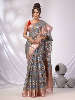 Grey Organza Handwoven Saree With Zari Border 1