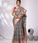Grey Organza Handwoven Saree With Zari Border