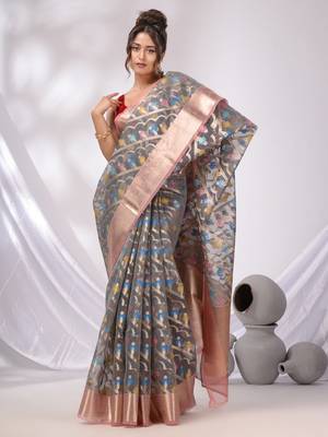 Grey Organza Handwoven Saree With Zari Border 2