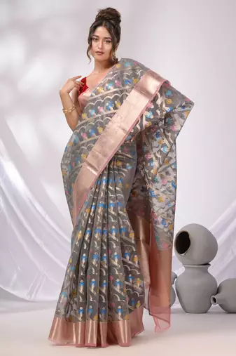 Grey Organza Handwoven Saree With Zari Border