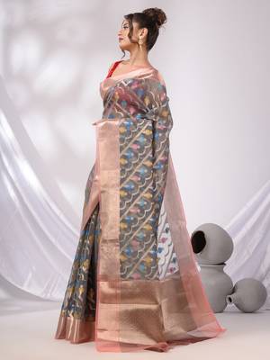 Grey Organza Handwoven Saree With Zari Border 3