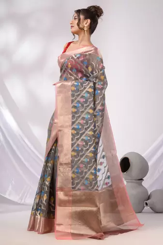 Grey Organza Handwoven Saree With Zari Border
