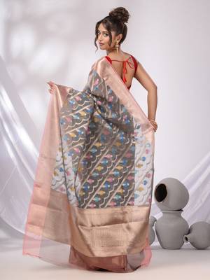 Grey Organza Handwoven Saree With Zari Border 4