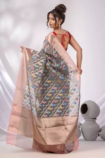 Grey Organza Handwoven Saree With Zari Border