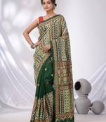 Emerald Green Bangalore Silk Kantha Stitch Handwoven Saree