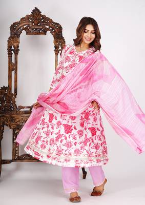 Flower printed rayon anarkali kurti with pant and dupatta 1