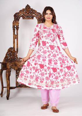 Flower printed rayon anarkali kurti with pant and dupatta 4
