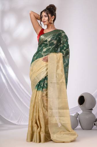 Beige And Dark Green Georgette Handwoven Saree With Floral Nakshi Designs
