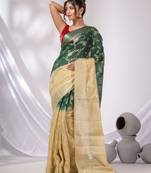 Beige And Dark Green Georgette Handwoven Saree With Floral Nakshi Designs