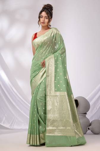 Pistachio Green Cotton Blend Handwoven Saree With Woven Zari Border