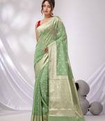 Pistachio Green Cotton Blend Handwoven Saree With Woven Zari Border