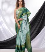 White And Green Blended Silk Handwoven Saree With Shibori Print
