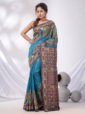 Sky Blue And Grey Tussar Kantha Stitch Handwoven Saree 1