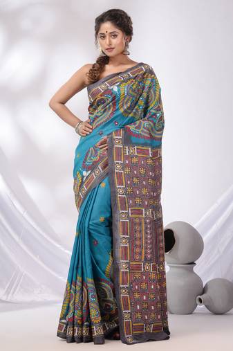 Sky Blue And Grey Tussar Kantha Stitch Handwoven Saree