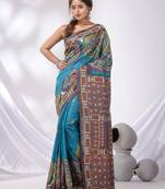 Sky Blue And Grey Tussar Kantha Stitch Handwoven Saree