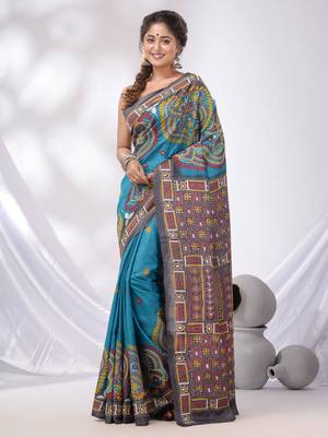 Sky Blue And Grey Tussar Kantha Stitch Handwoven Saree 2