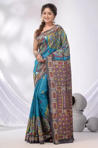 Sky Blue And Grey Tussar Kantha Stitch Handwoven Saree