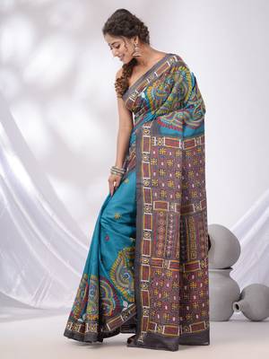 Sky Blue And Grey Tussar Kantha Stitch Handwoven Saree 3