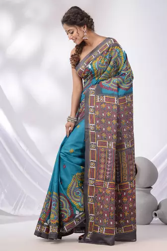 Sky Blue And Grey Tussar Kantha Stitch Handwoven Saree
