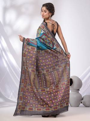 Sky Blue And Grey Tussar Kantha Stitch Handwoven Saree 4