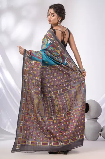 Sky Blue And Grey Tussar Kantha Stitch Handwoven Saree