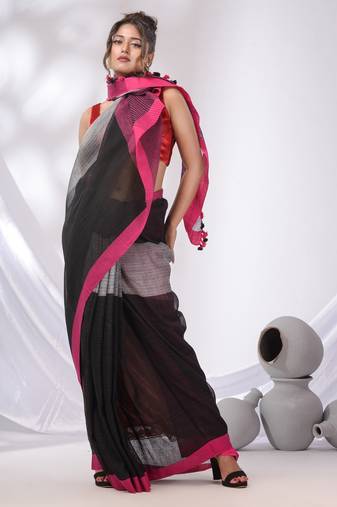 Black And Grey Linen Handwoven Soft Saree