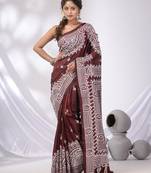 Maroon Blended Silk Kantha Stitch Handwoven Saree