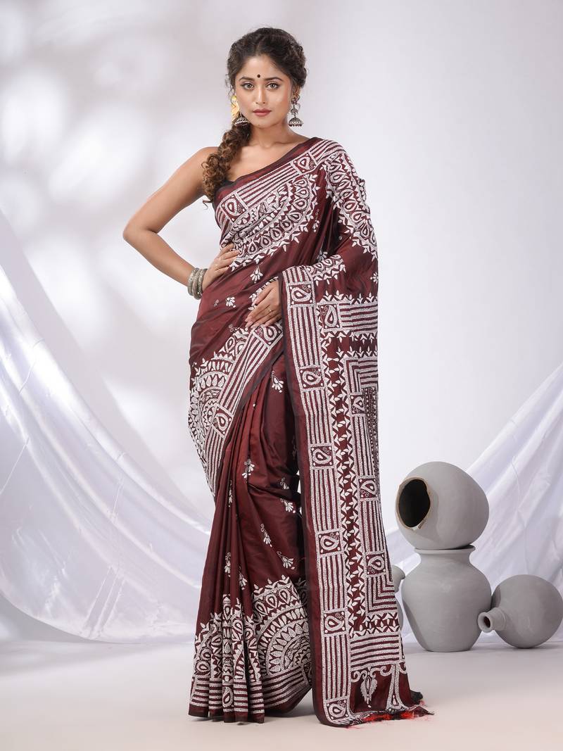 Maroon Blended Silk Kantha Stitch Handwoven Saree