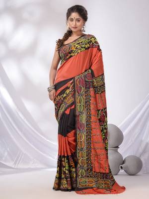 Orange And Black Bangalore Silk Kantha Stitch Handwoven Saree 1