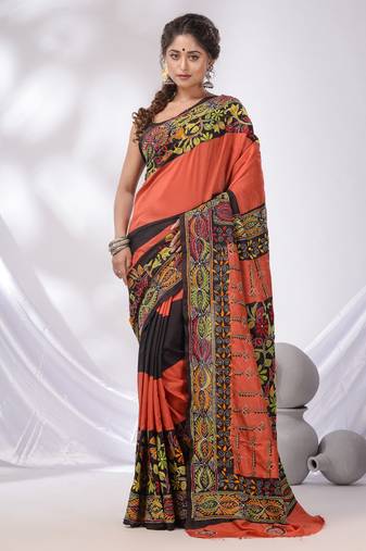 Orange And Black Bangalore Silk Kantha Stitch Handwoven Saree