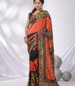 Orange And Black Bangalore Silk Kantha Stitch Handwoven Saree