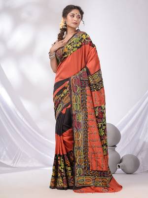 Orange And Black Bangalore Silk Kantha Stitch Handwoven Saree 2