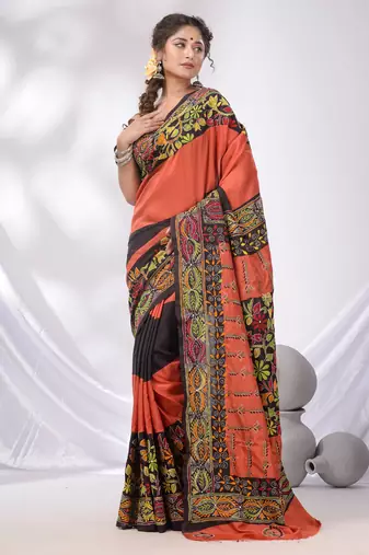 Orange And Black Bangalore Silk Kantha Stitch Handwoven Saree