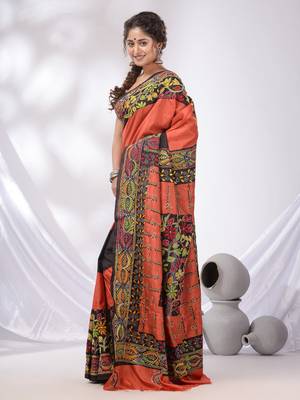 Orange And Black Bangalore Silk Kantha Stitch Handwoven Saree 3