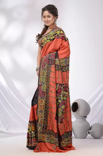 Orange And Black Bangalore Silk Kantha Stitch Handwoven Saree