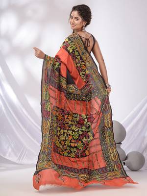 Orange And Black Bangalore Silk Kantha Stitch Handwoven Saree 4