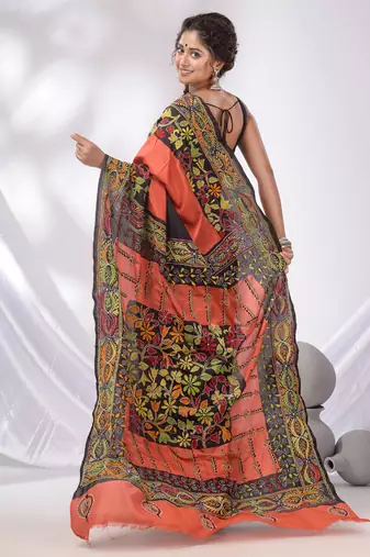 Orange And Black Bangalore Silk Kantha Stitch Handwoven Saree