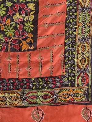 Orange And Black Bangalore Silk Kantha Stitch Handwoven Saree 5