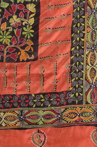 Orange And Black Bangalore Silk Kantha Stitch Handwoven Saree