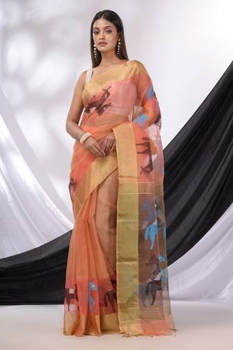 Peach Muslin Tissue Handwoven Saree With Zari Border